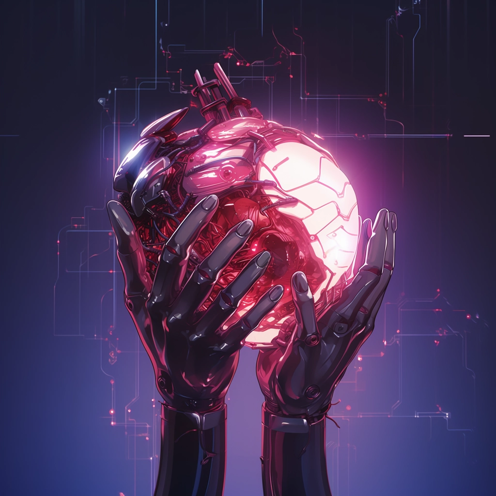 Synthetic heart being held in a robotic hand in the