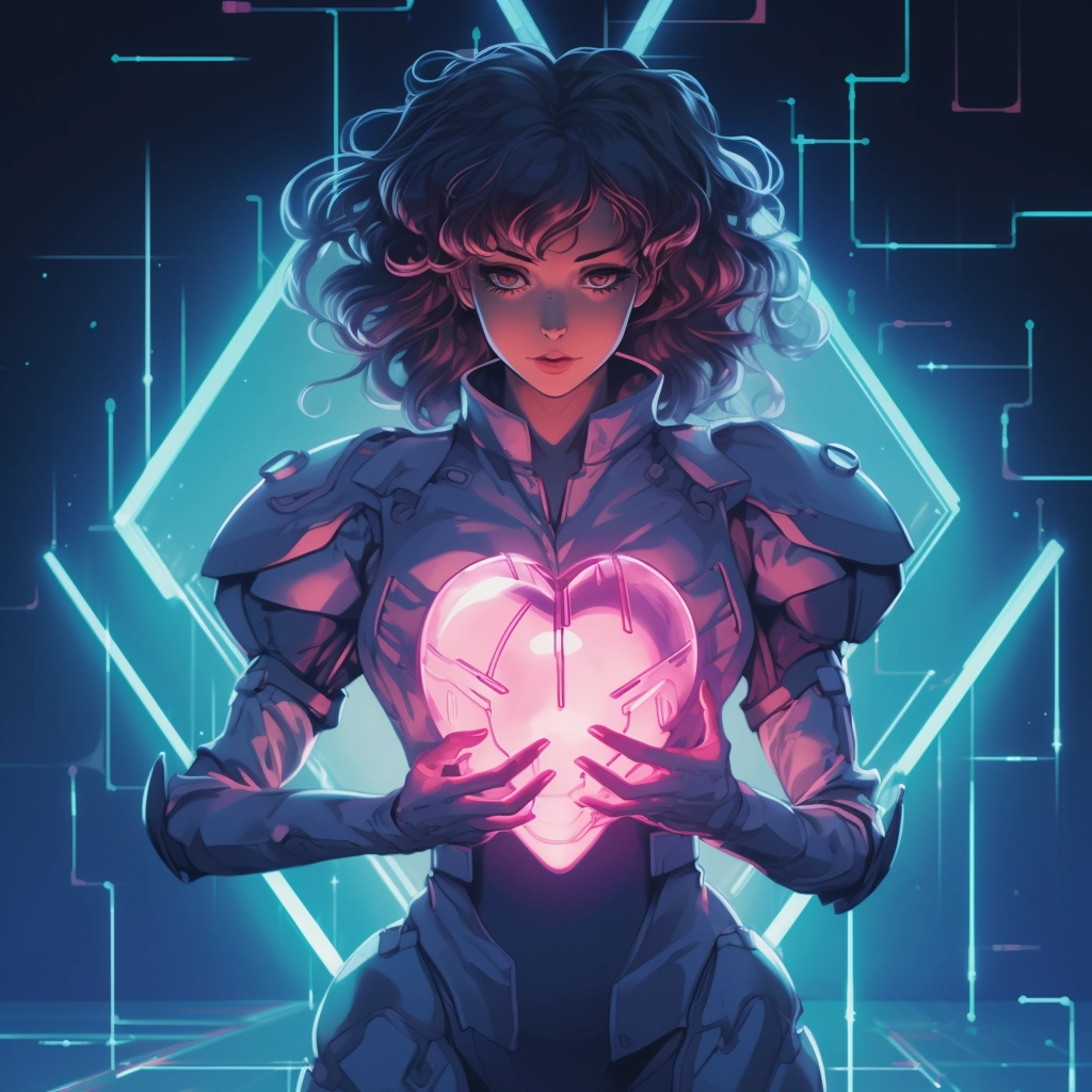 Synthetic heart in the style of 1990s retro anime