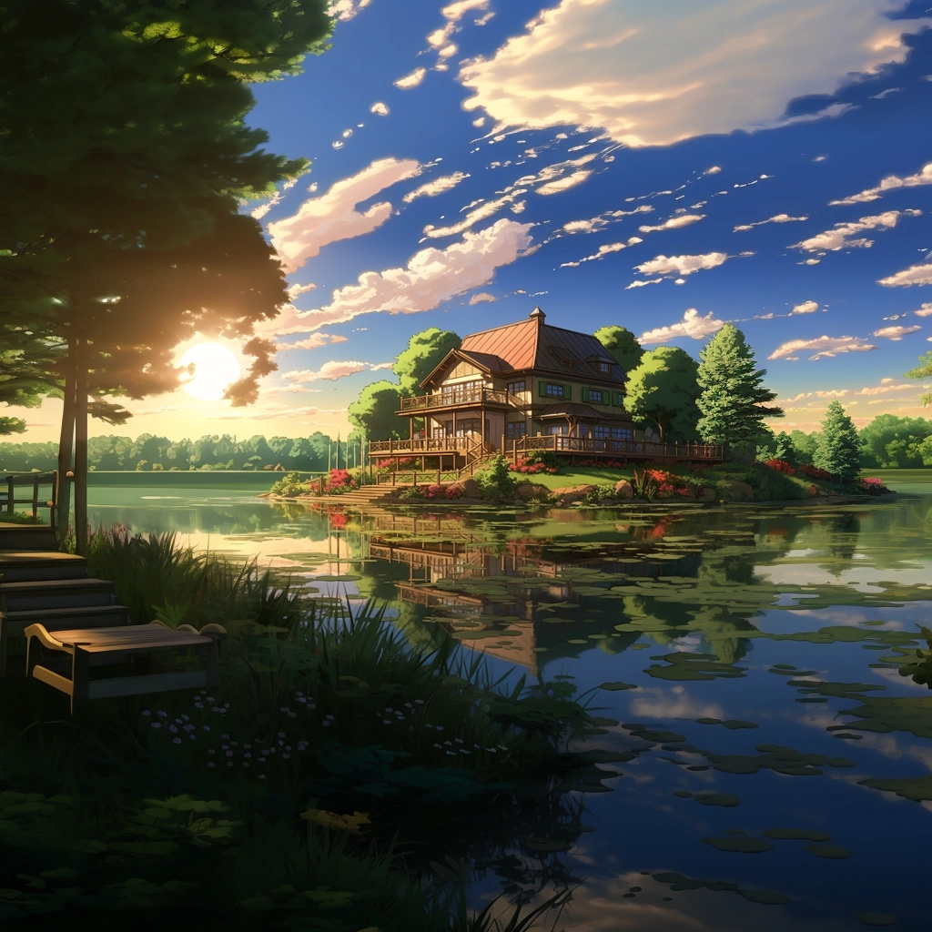 Anime lakehouse reflecting off of water HDR beautifu