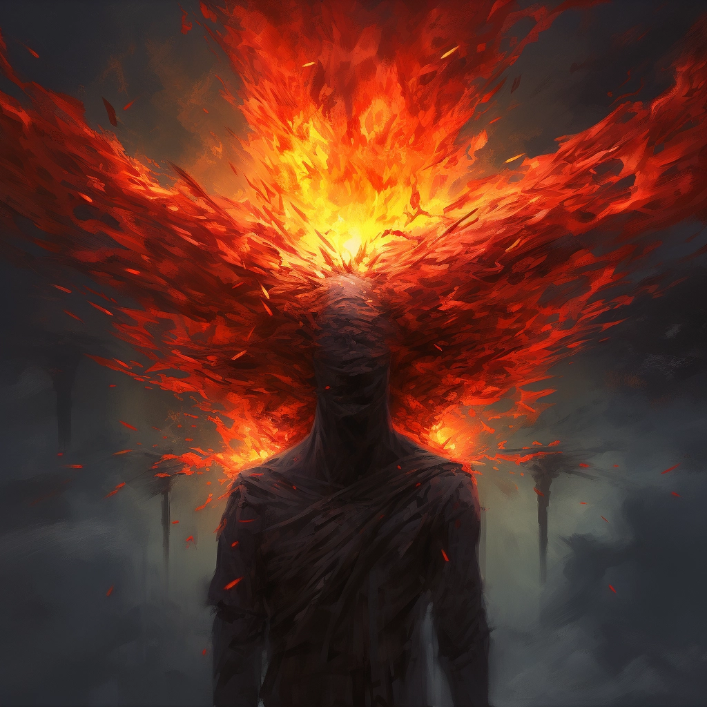 The person has a fire descending on their head in th