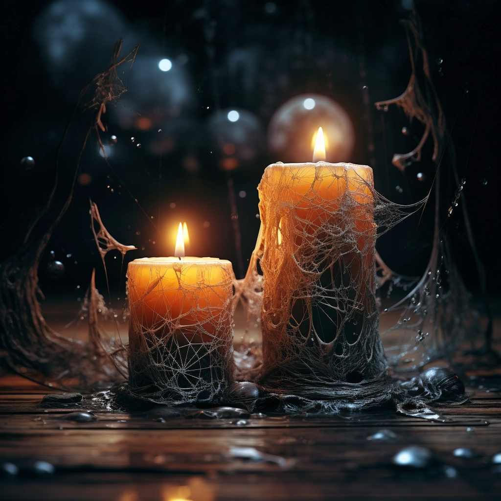 A couple of candles are sitting on some wood in the