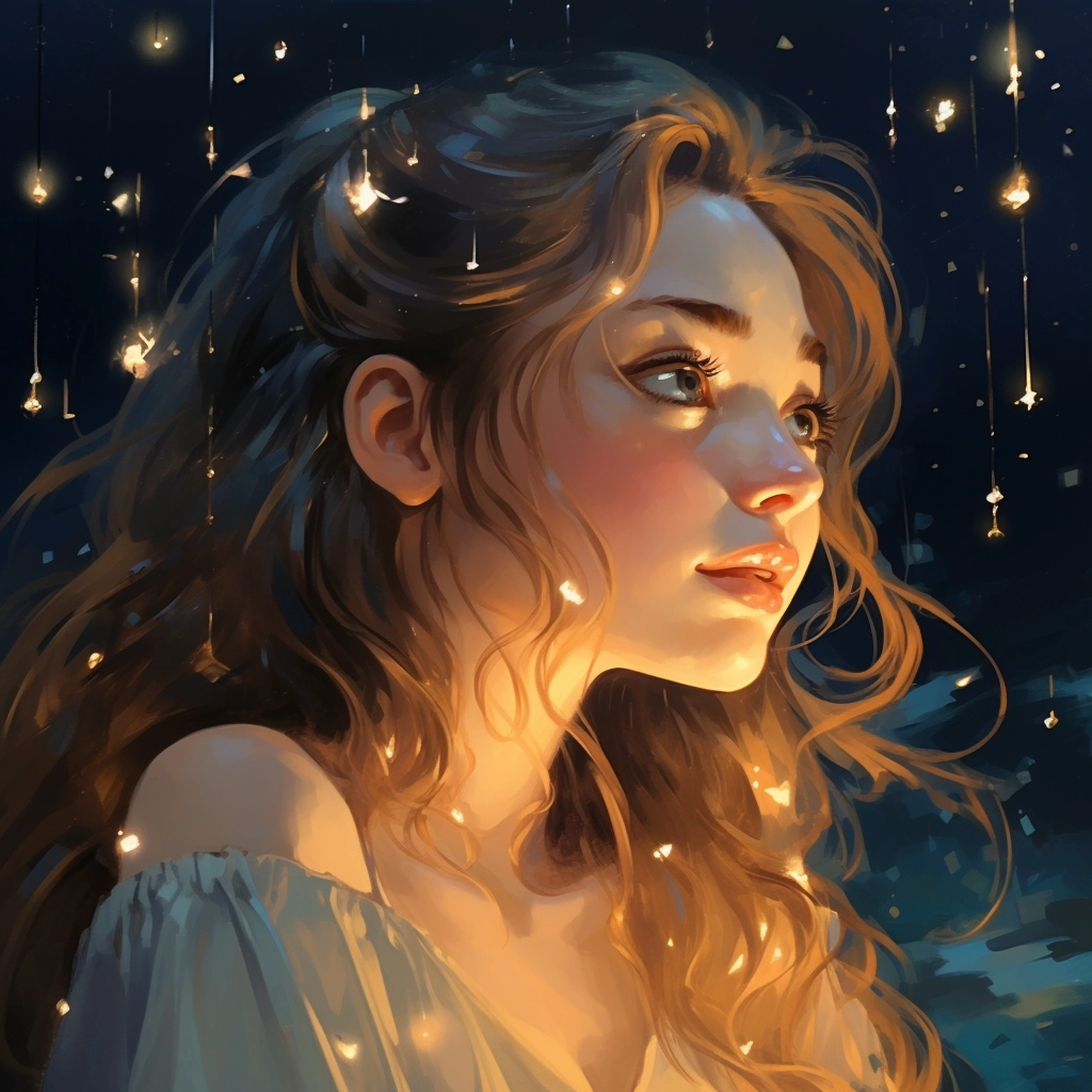 A girl looks out into the night sky in the style of