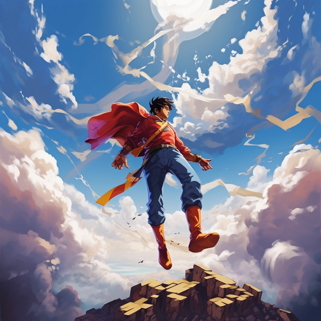 A man in a red and blue outfit in blue sky above blu