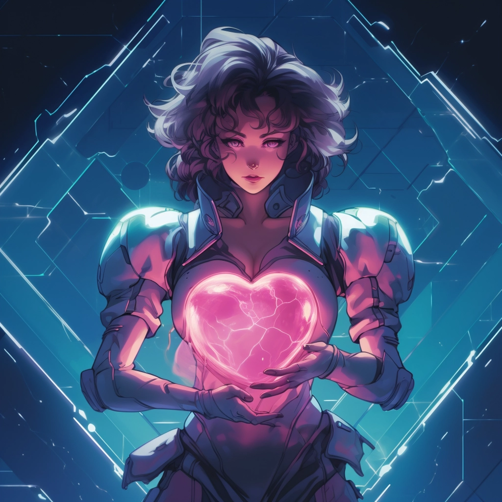 Synthetic heart in the style of 1990s retro anime
