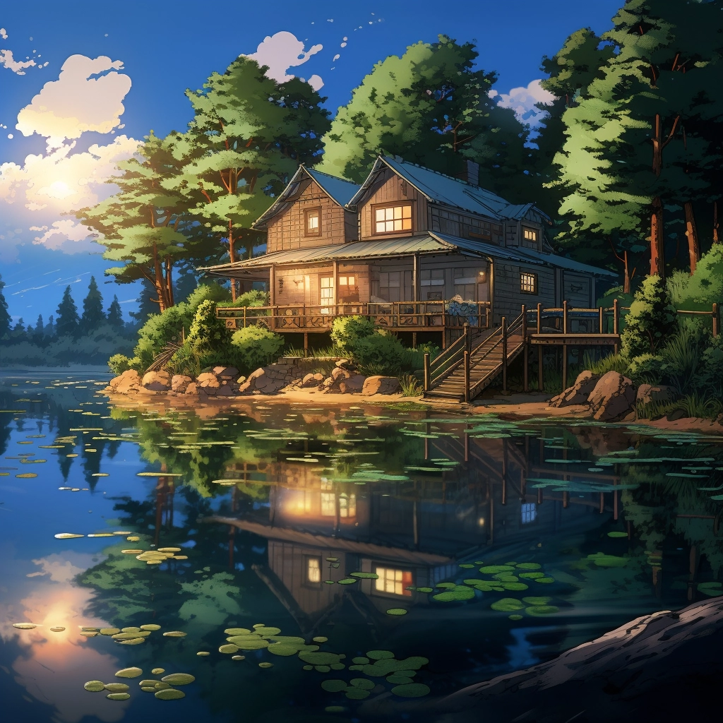 Anime lakehouse reflecting off of water HDR beautifu