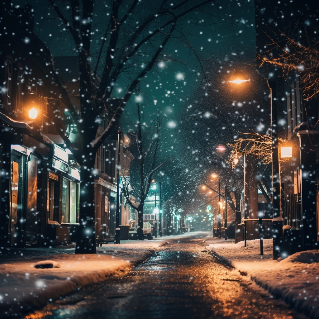 Snow covered street scene with lights in the style o