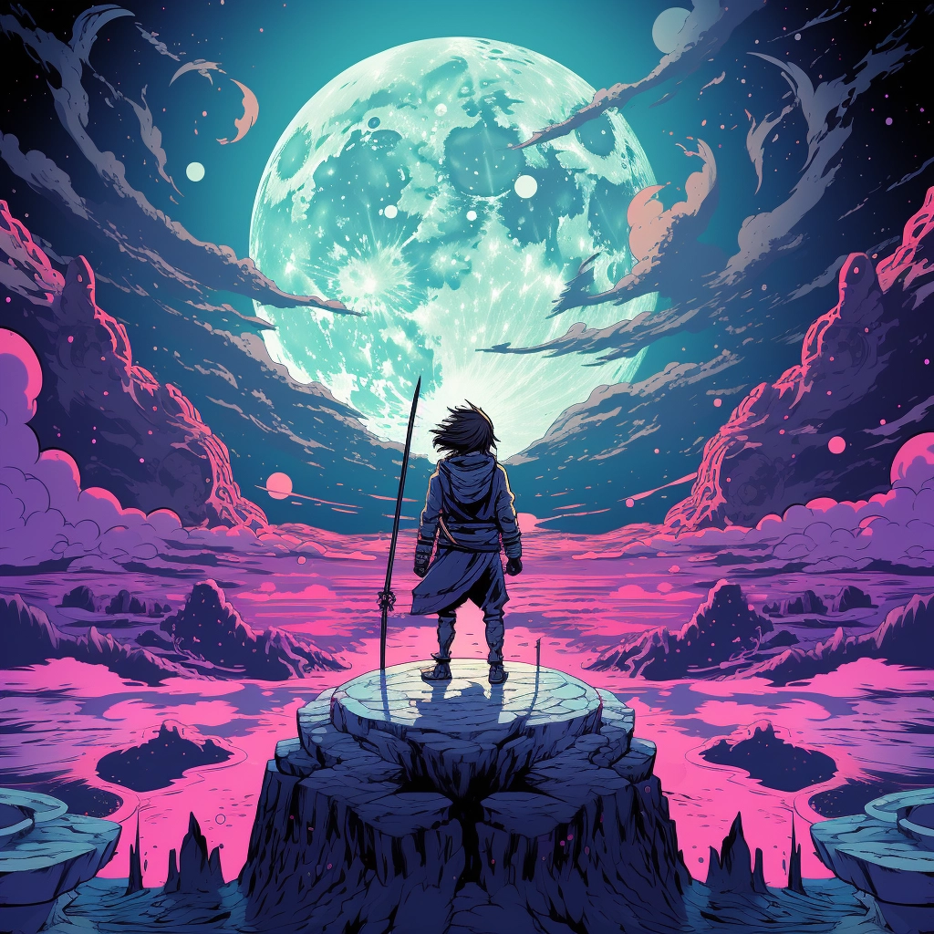 The sky is full of moon and a man is standing on a p