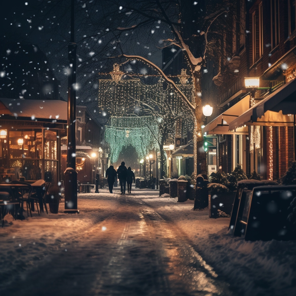 Snow covered street scene with lights in the style o