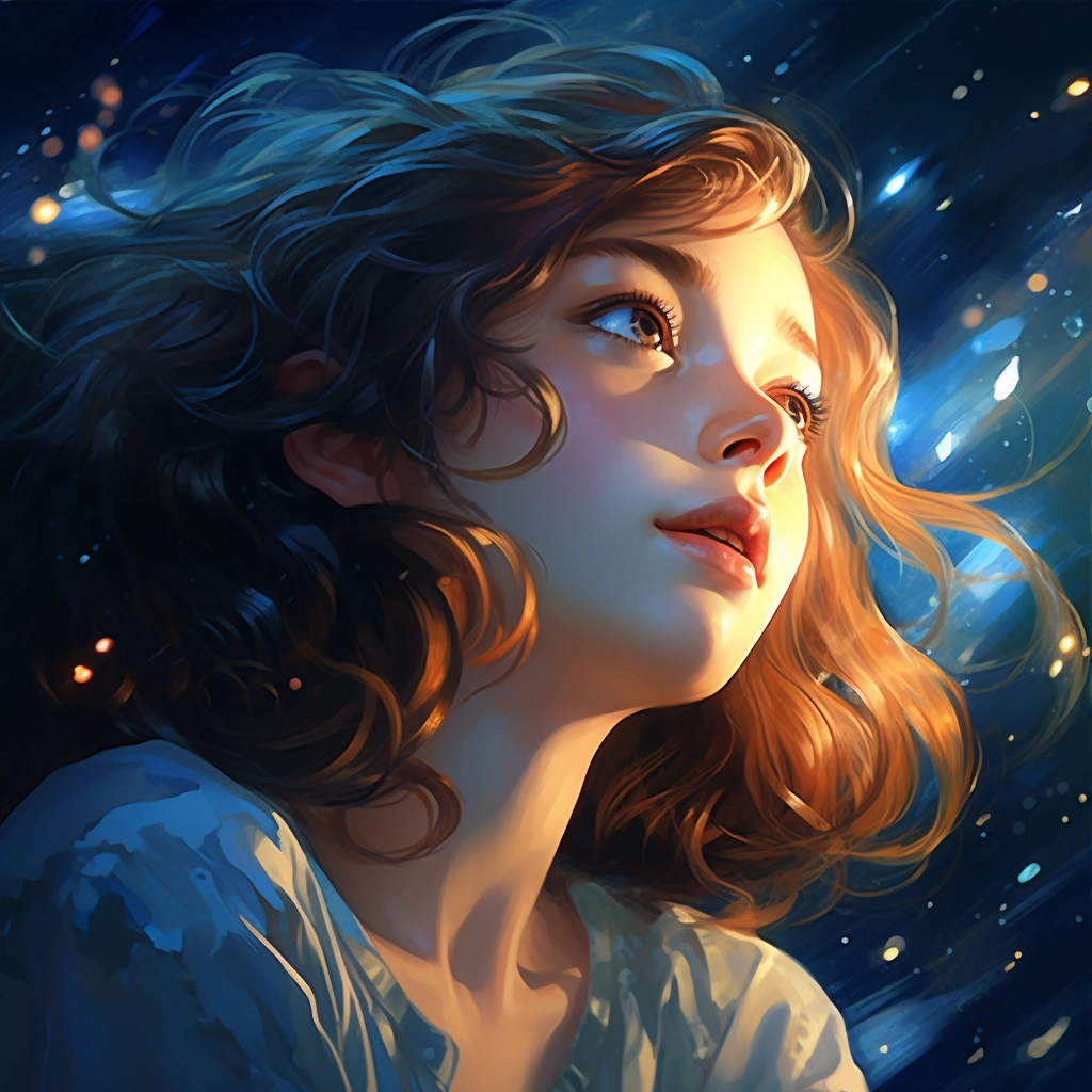 A girl looks out into the night sky in the style of
