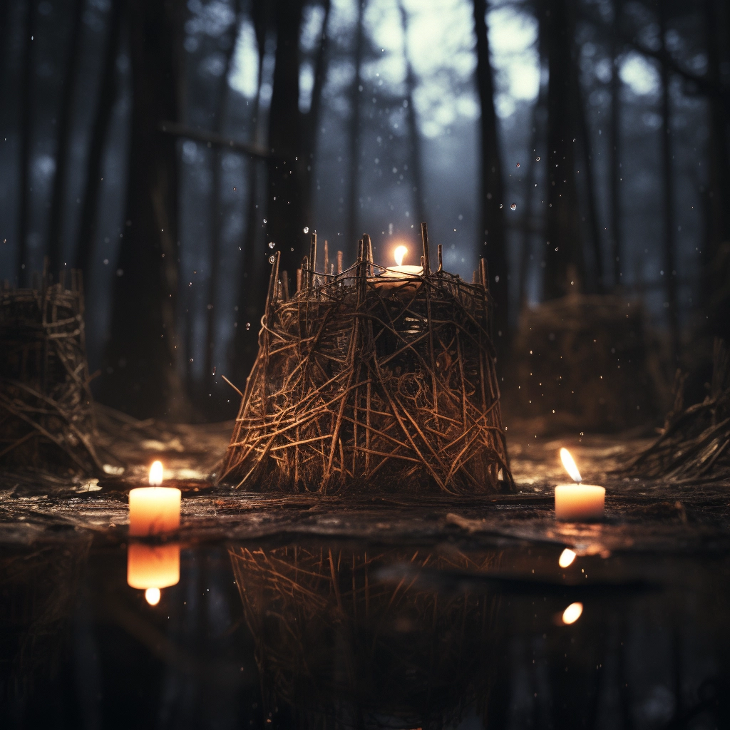 A couple of candles are sitting on some wood in the