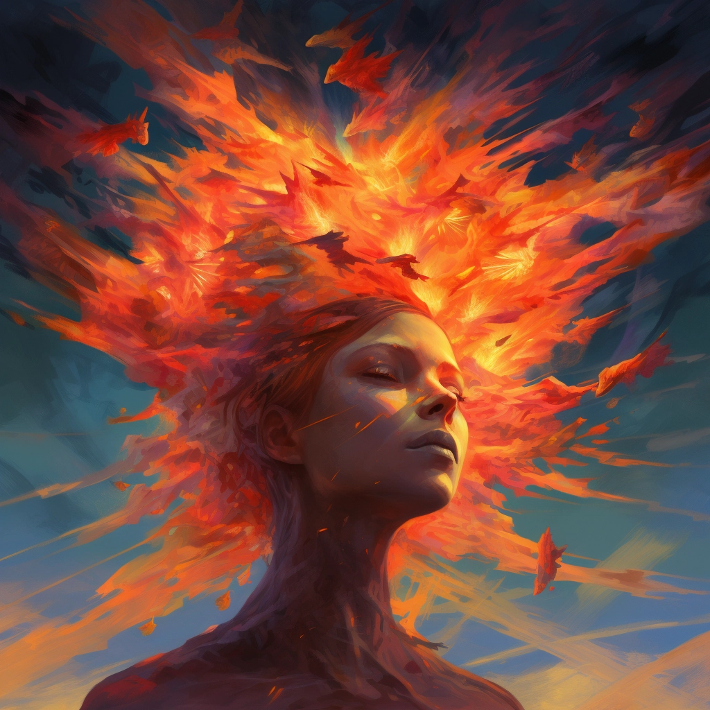 The person has a fire descending on their head in th