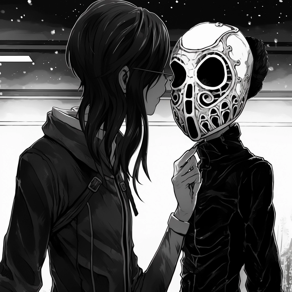 Anime image with a long necked face covered by mask