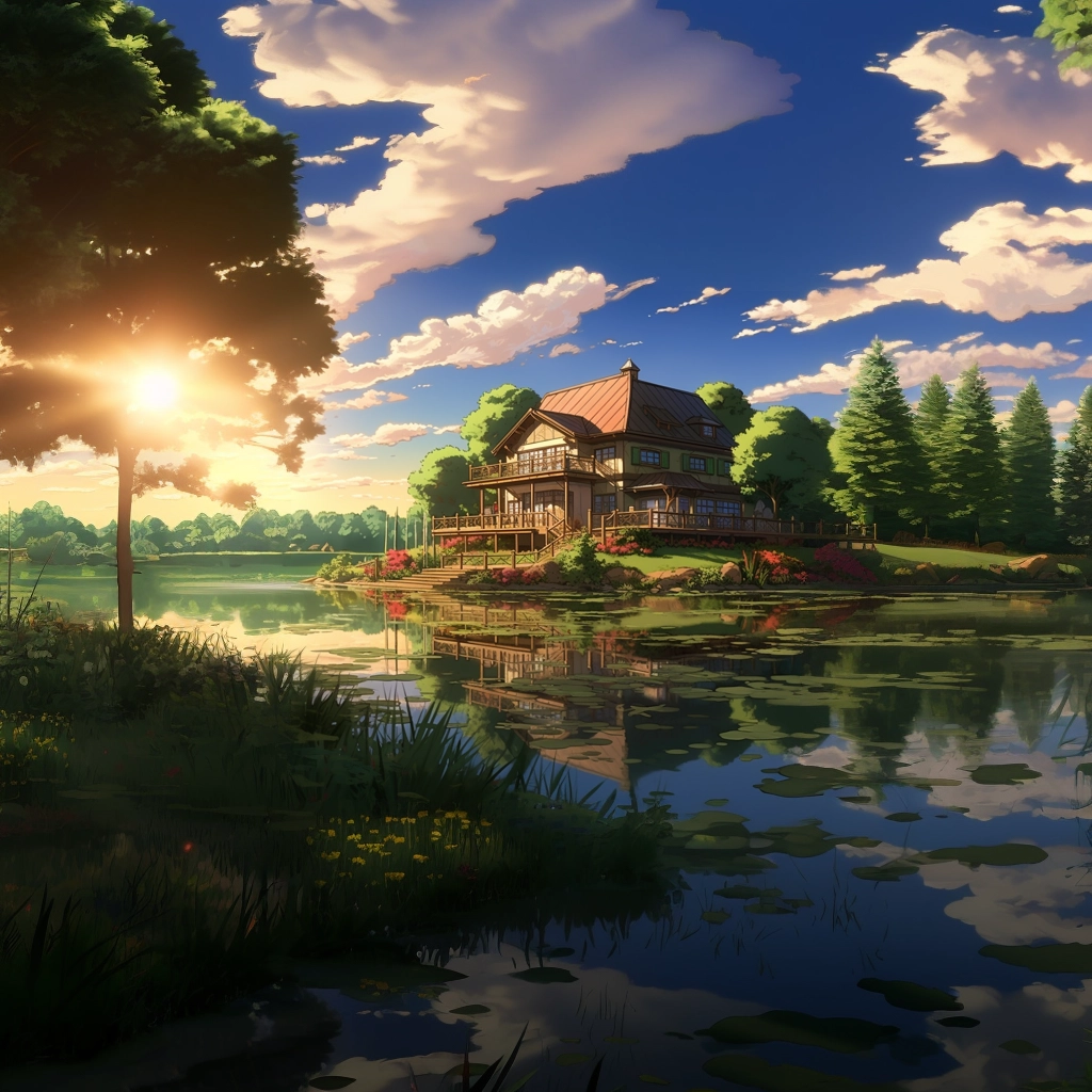 Anime lakehouse reflecting off of water HDR beautifu