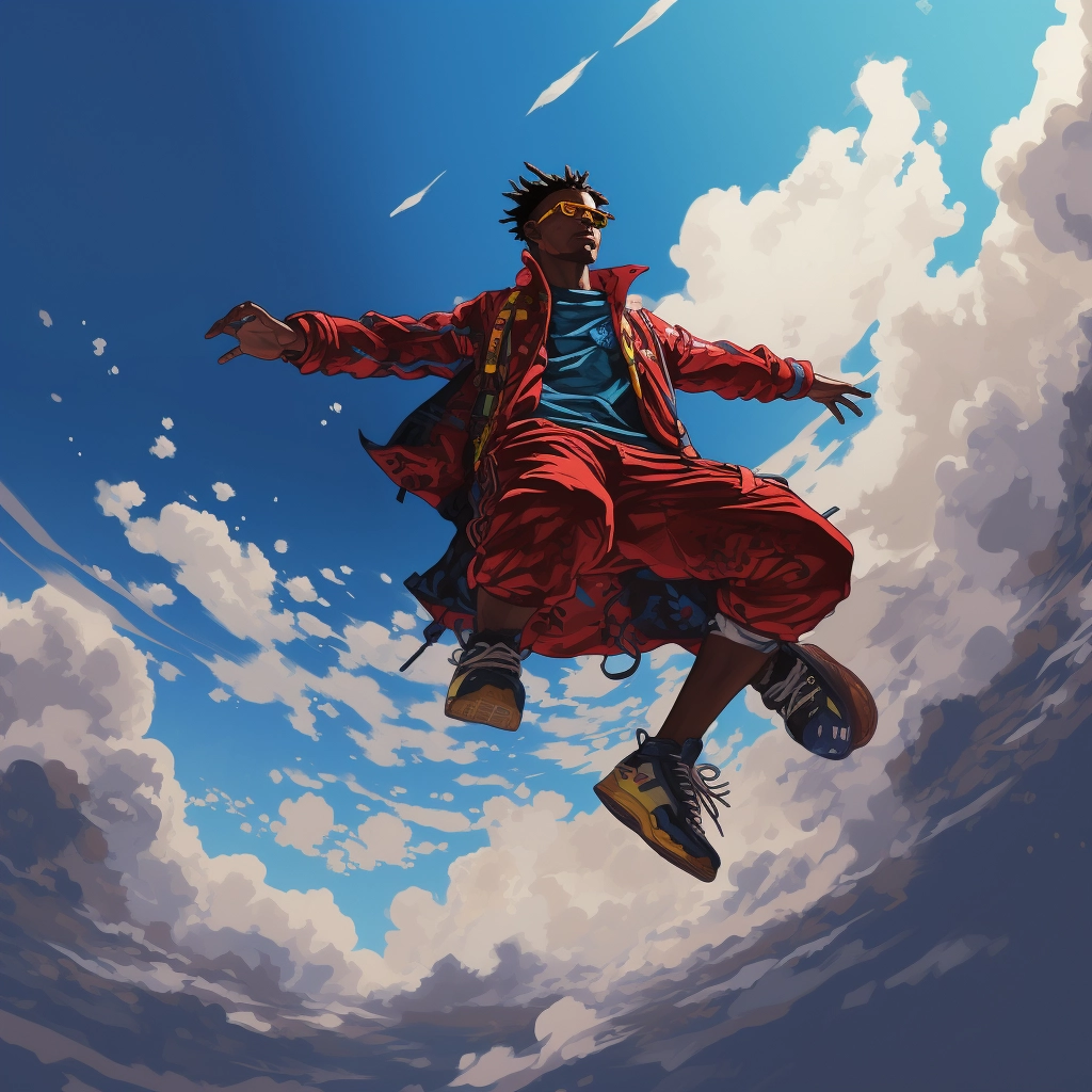 A man in a red and blue outfit in blue sky above blu