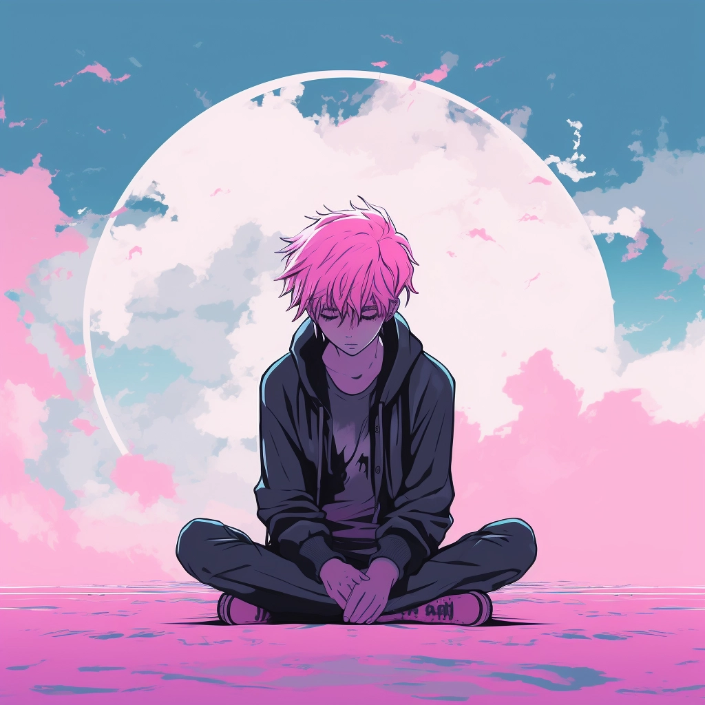 Lonely lofi anime boy with pink hair feeling sad 2D