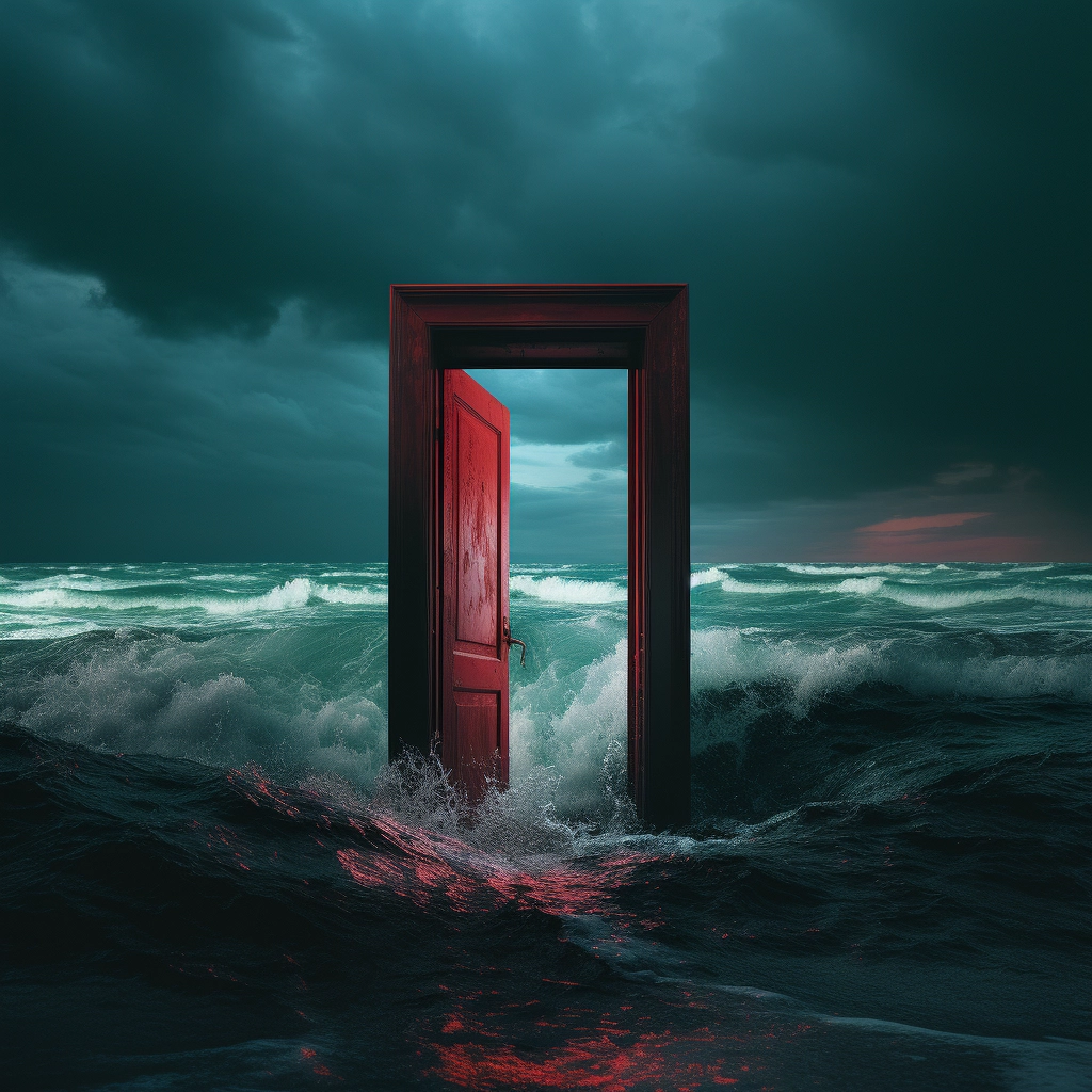 An old door opening onto the ocean in the style of s
