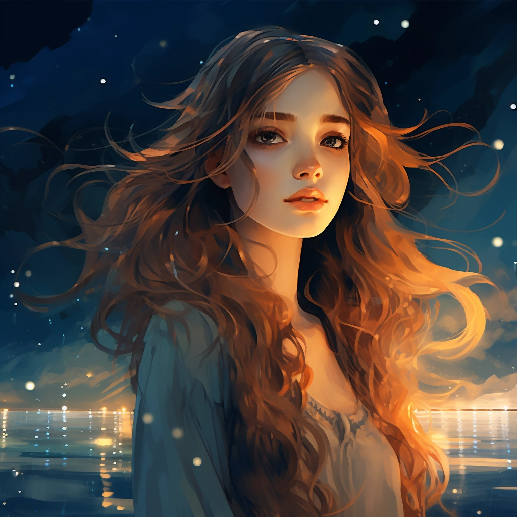 Anime girl with long hair standing near a lake with