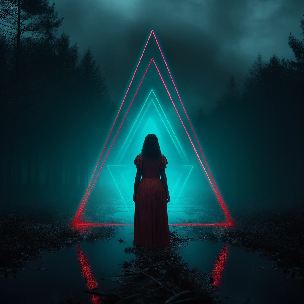A womans skin is glowing in the dark with a triangle