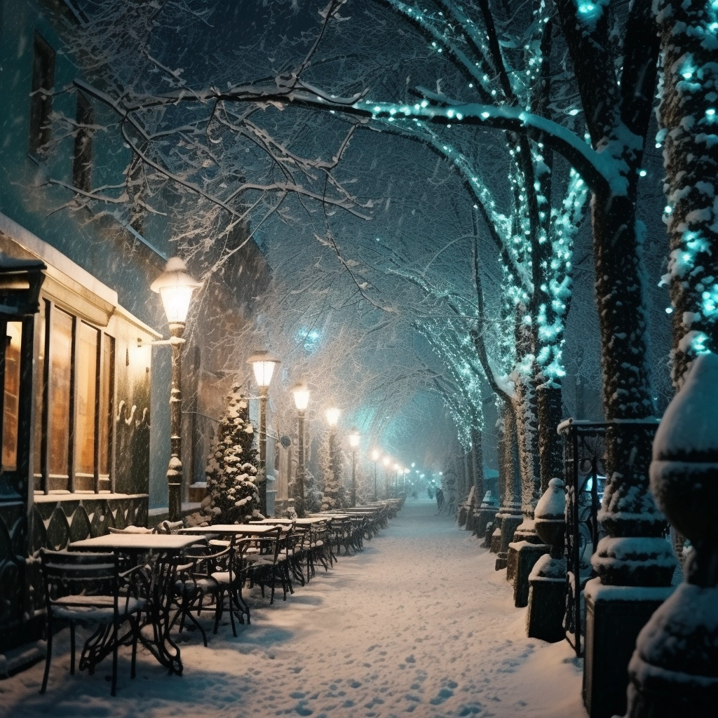 Sidewalk covered in white snow lights and trees with