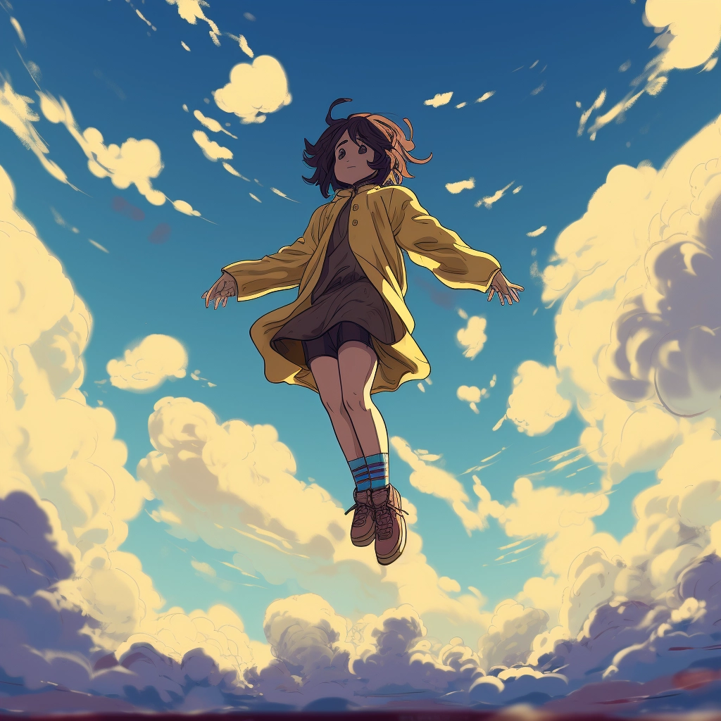 A figure soaring in a blue sky in the style of charm