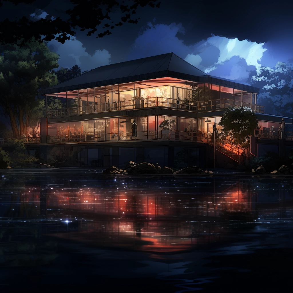 Anime lakehouse reflecting off of water HDR beautifu