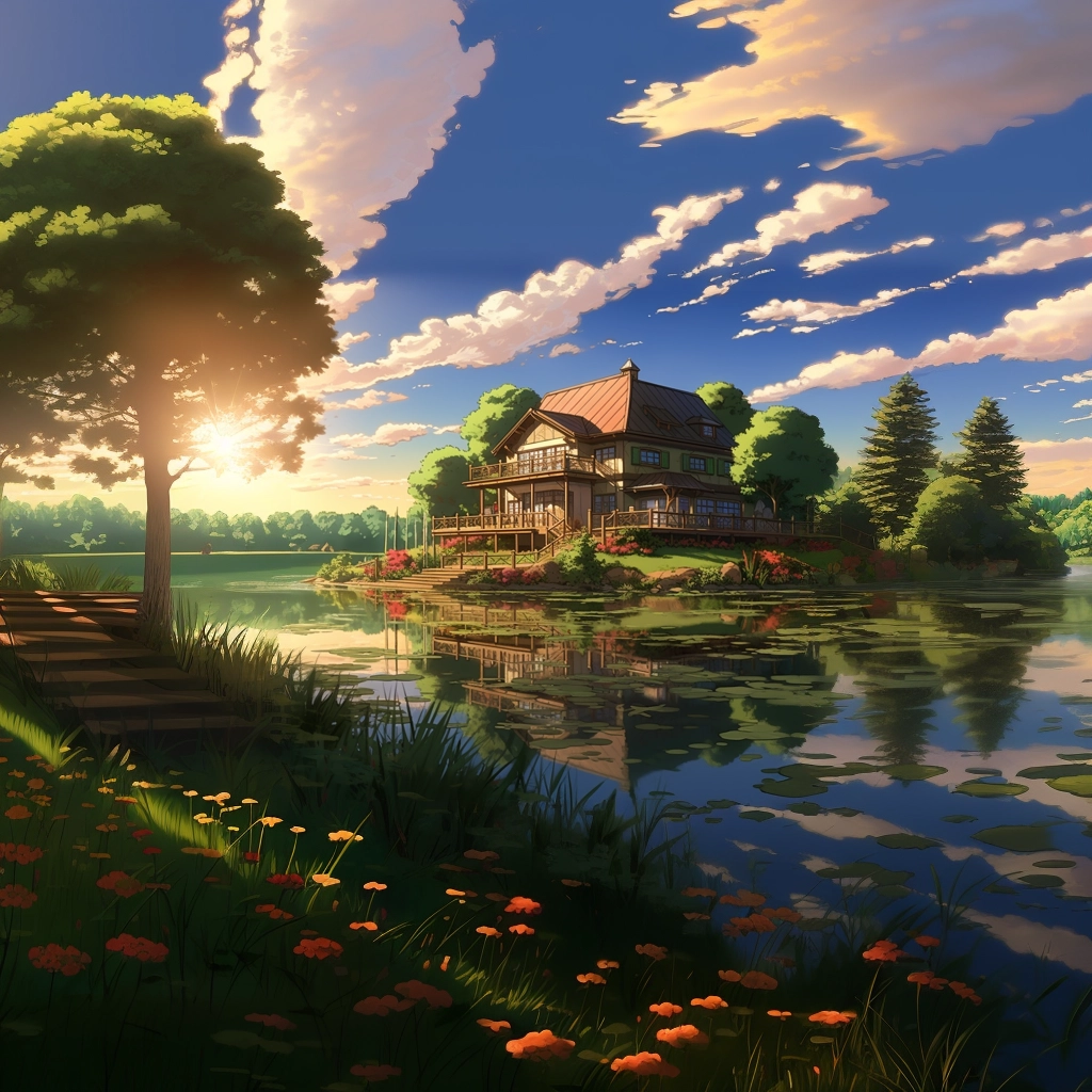 Anime lakehouse reflecting off of water HDR beautifu