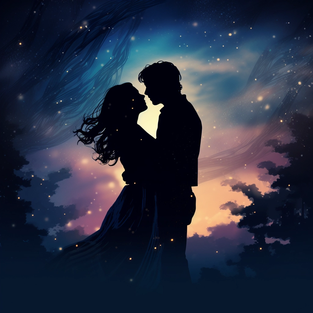 Shadow of a man and woman hugging a night sky styliz