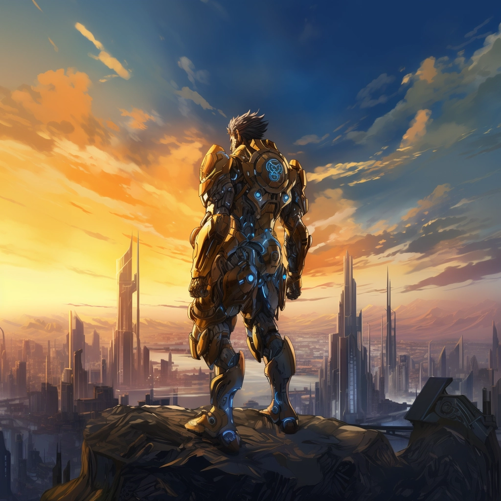 A futuristic man in armor looking at skyline with a