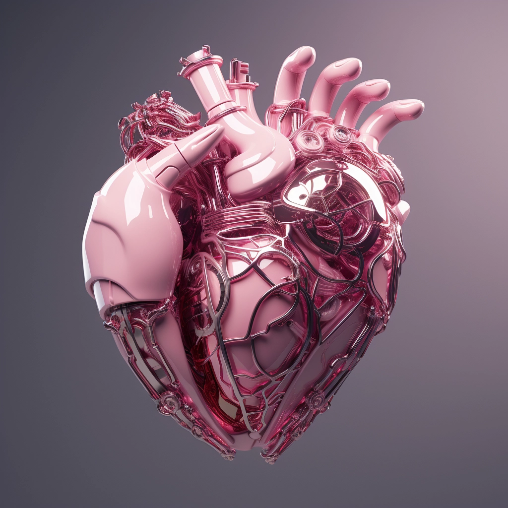 Synthetic heart being held in a robotic hand in the