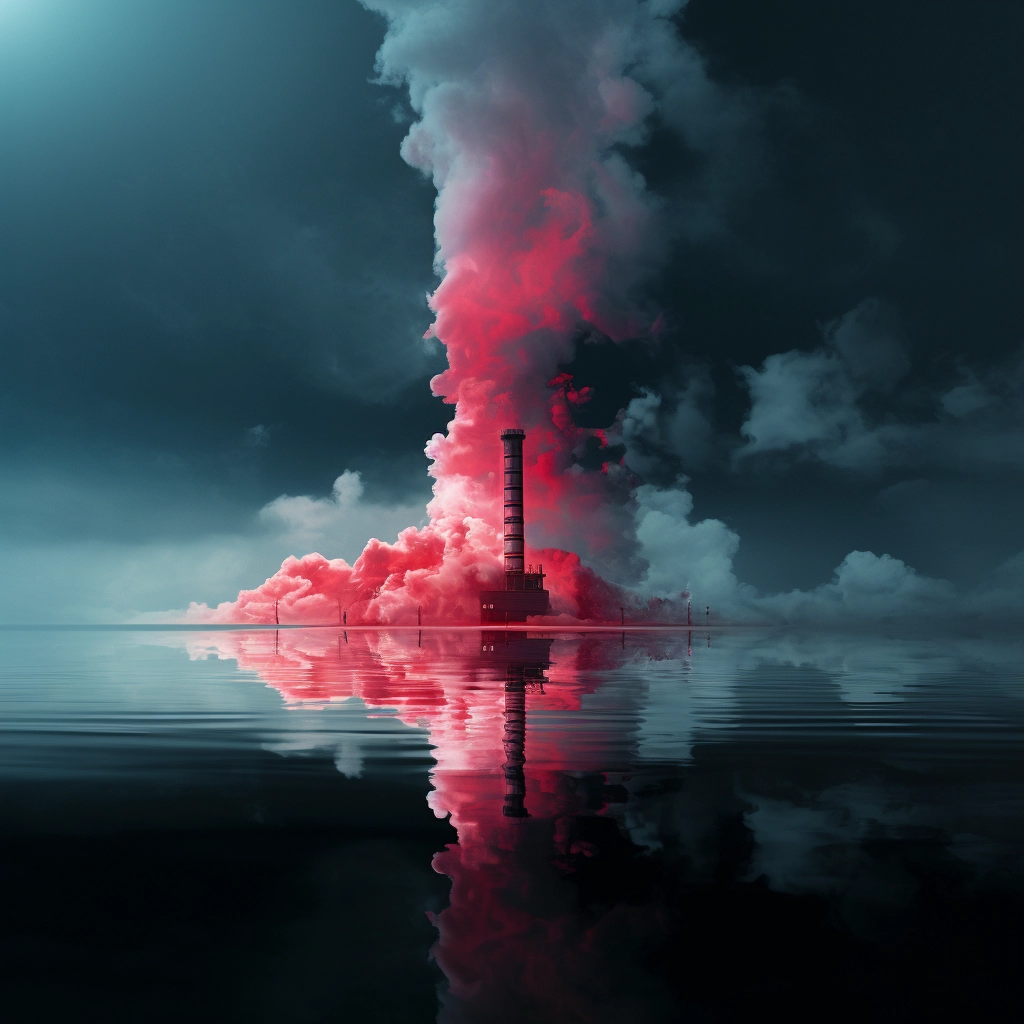 A giant red tower in the middle of a large sea of sm