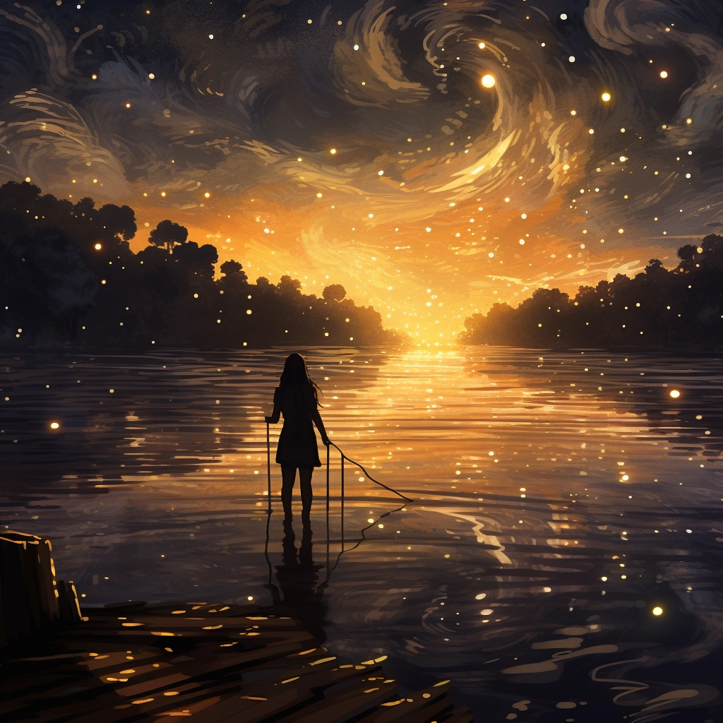 A girl standing at the edge of a lake with many star