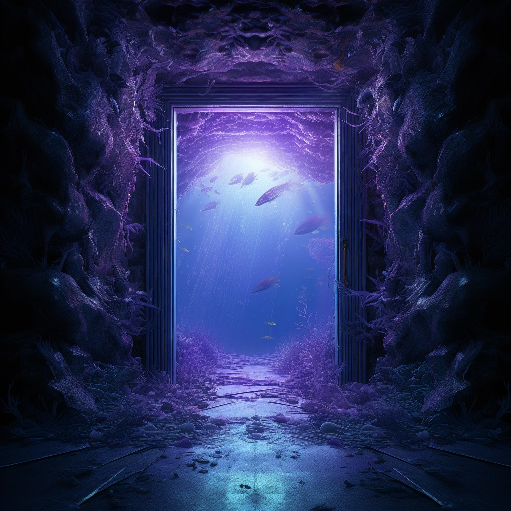An underwater door with the light shining through it