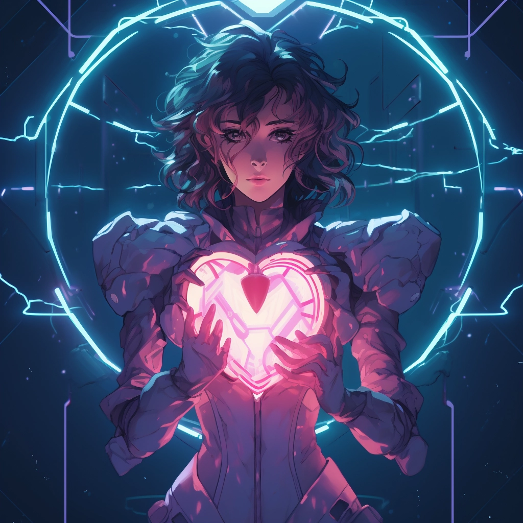 Synthetic heart in the style of 1990s retro anime