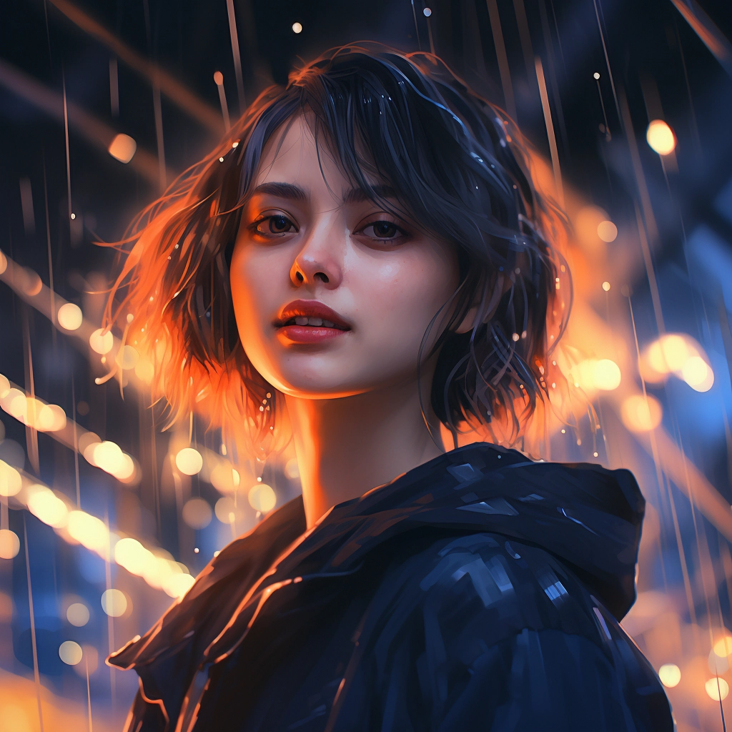 A girl with short hair standing in the rain in the s