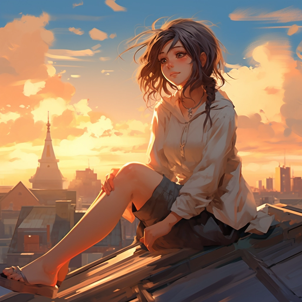 An anime girl sitting on the rooftop in the style of