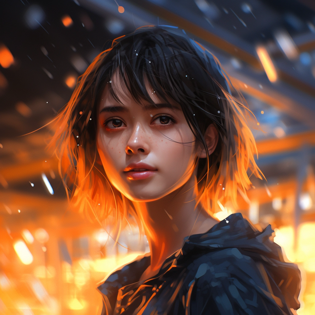 A girl with short hair standing in the rain in the s