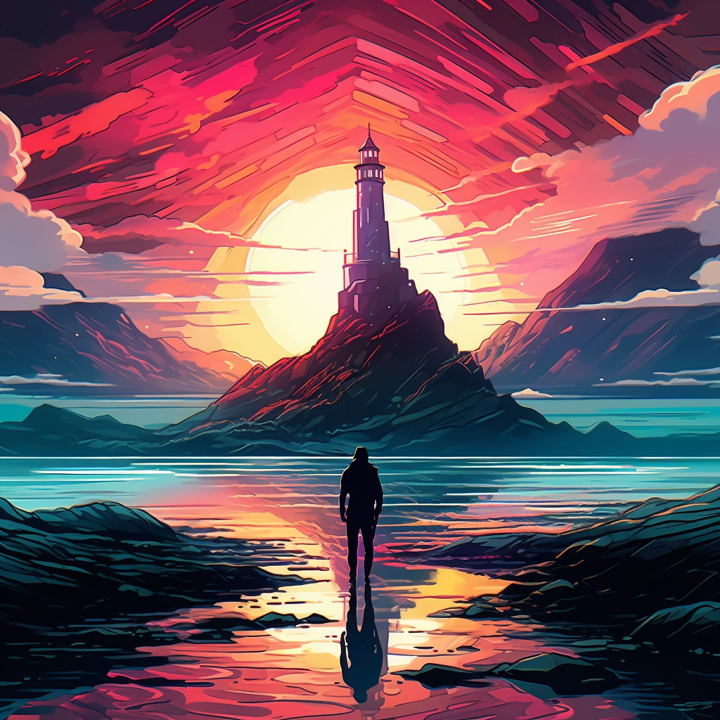 A man stands alone looking at a lighthouse with moun