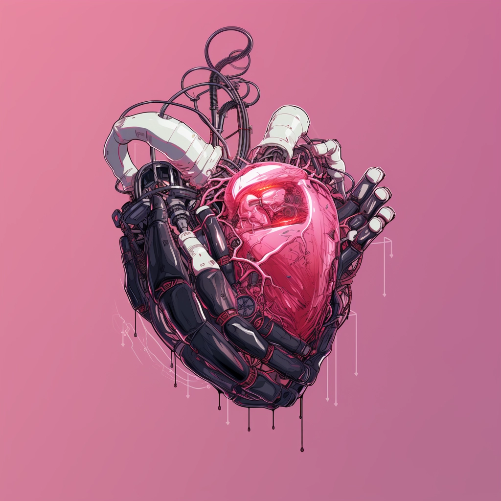 Synthetic heart being held in a robotic hand in the