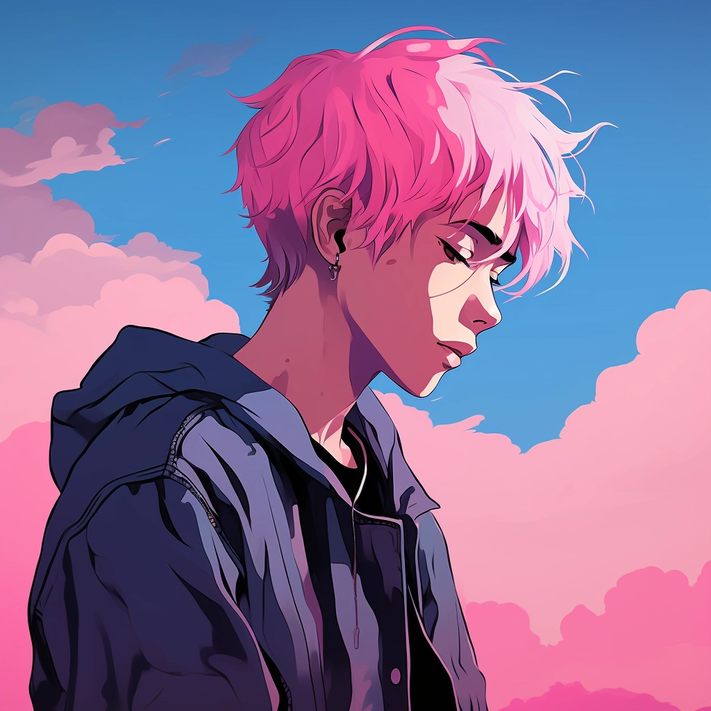 Lonely lofi anime boy with pink hair feeling sad 2D