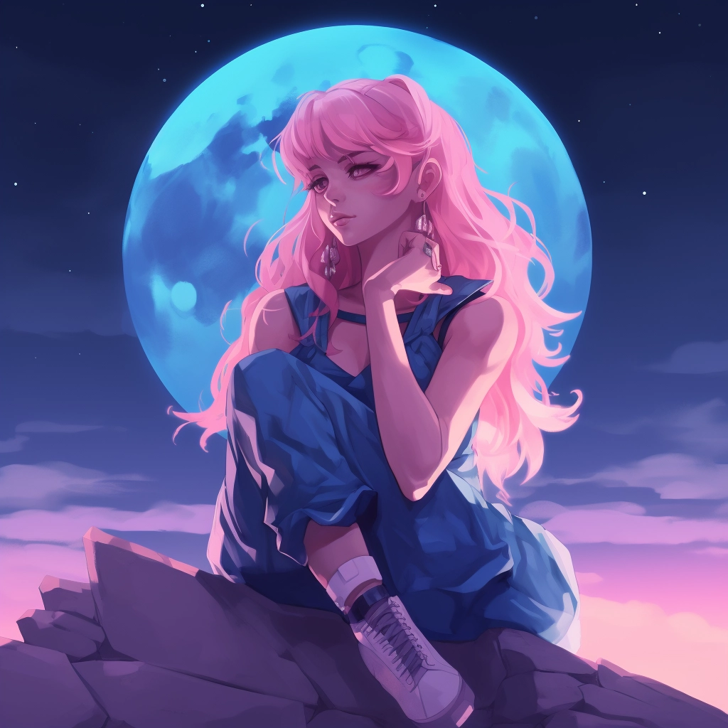 An anime character sitting under the moon in the sty
