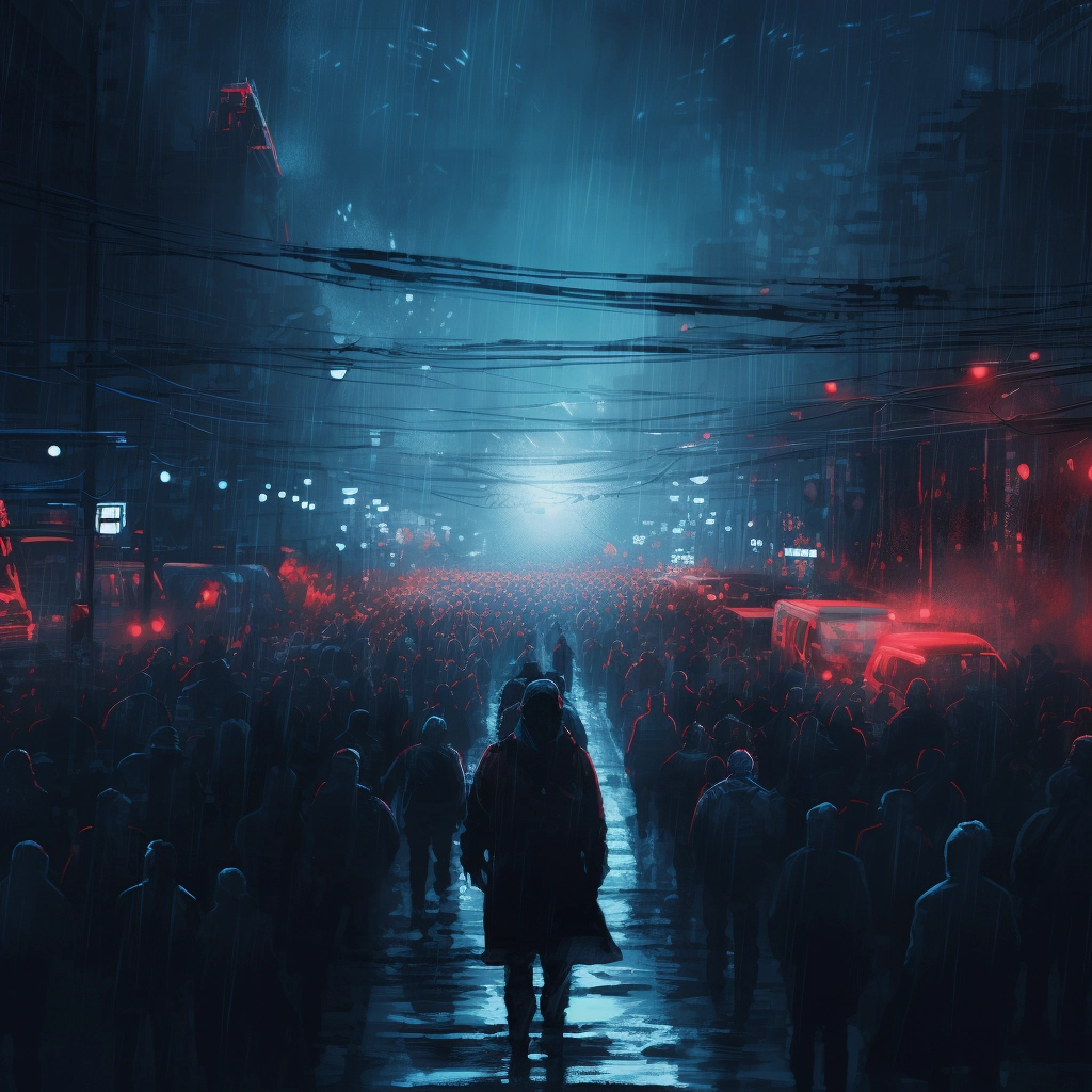 Man walking among people in darkness holding blue li