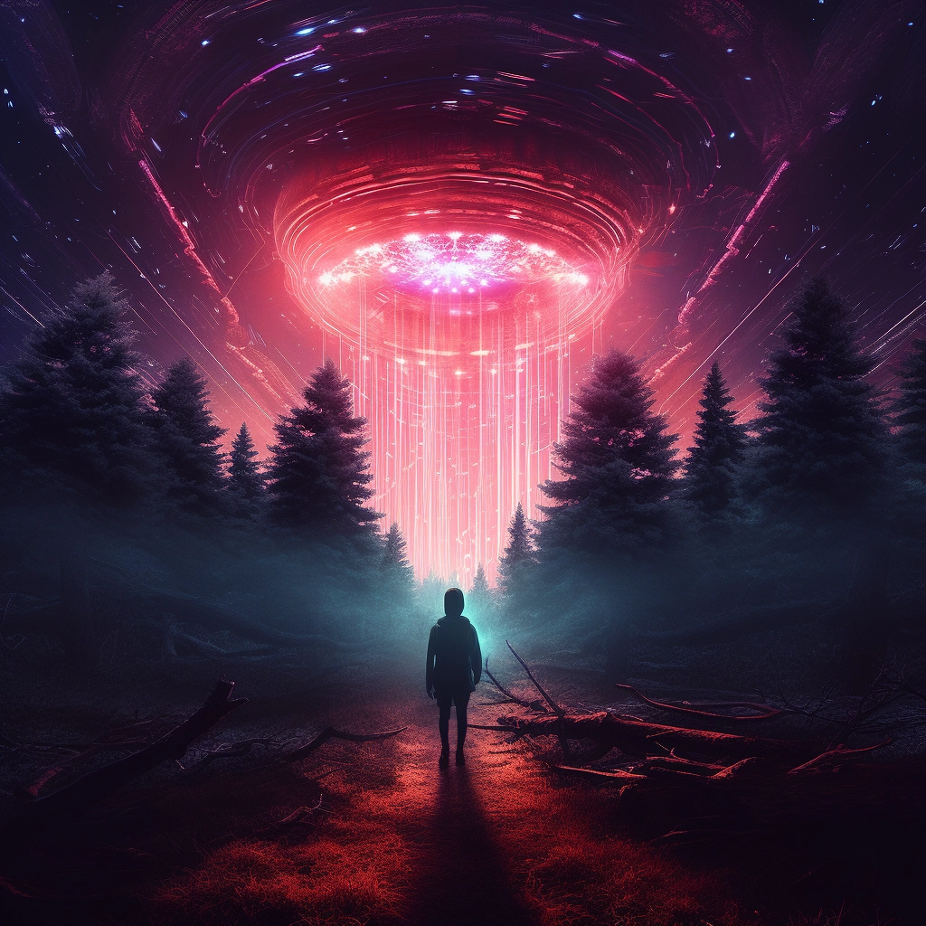 A woman walks through the woods with an alien in the