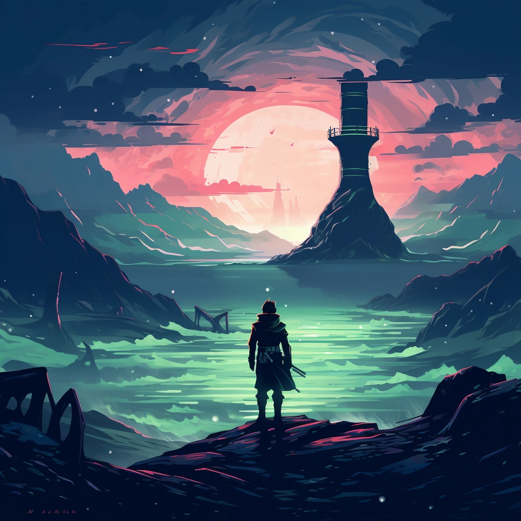 A man stands alone looking at a lighthouse with moun