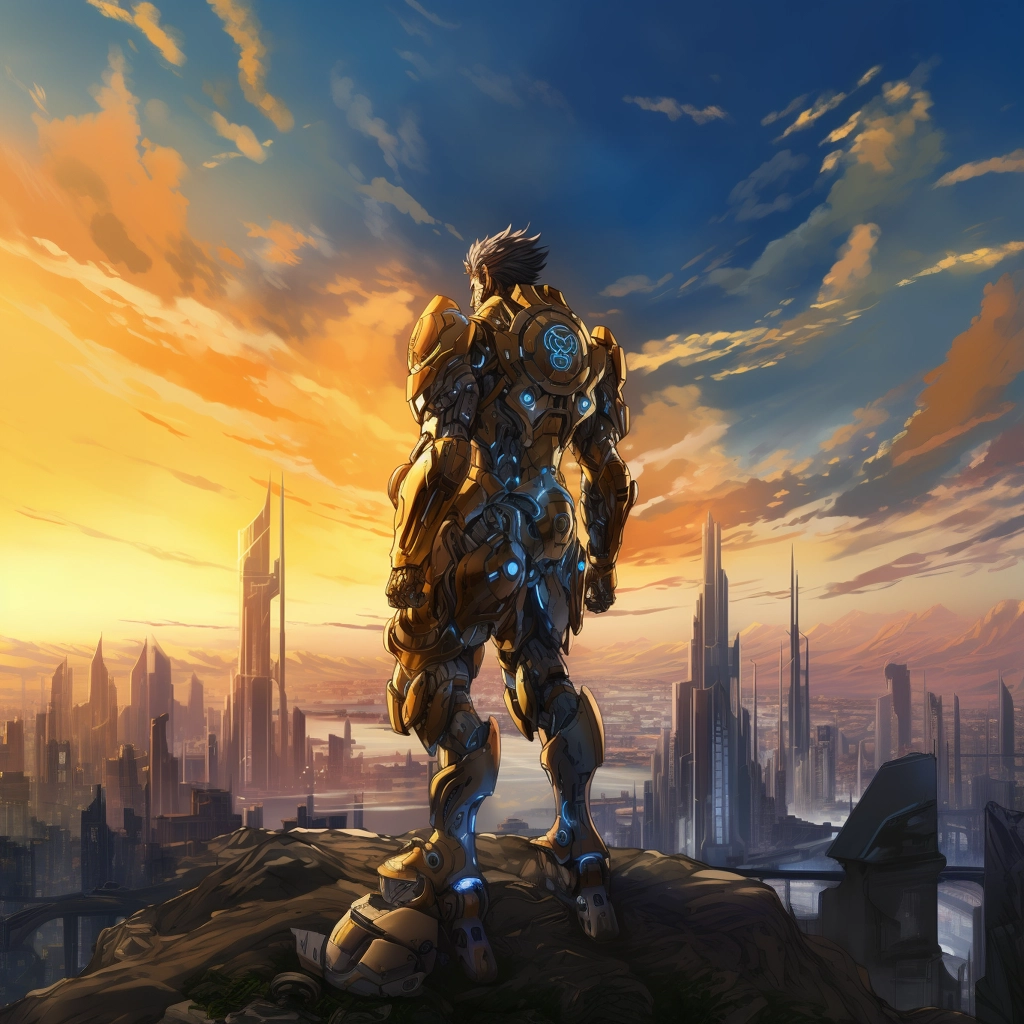 A futuristic man in armor looking at skyline with a