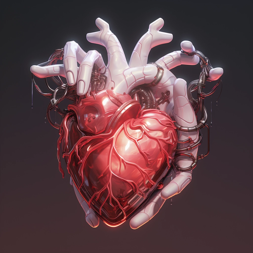 Synthetic heart being held in a robotic hand in the