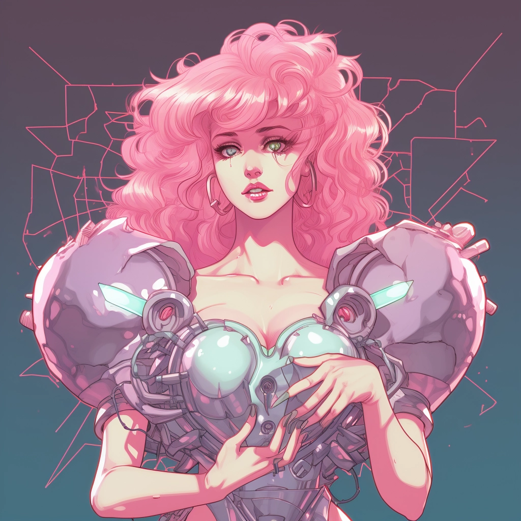 Synthetic heart in the style of 1990s retro anime