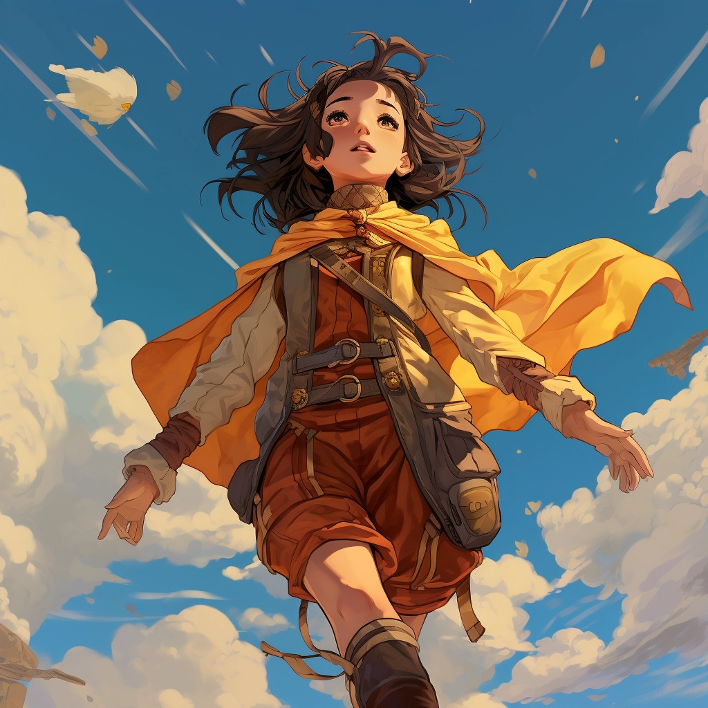 A figure soaring in a blue sky in the style of charm