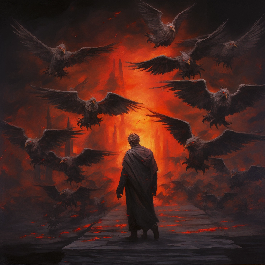 An image of a person with flames behind them in the