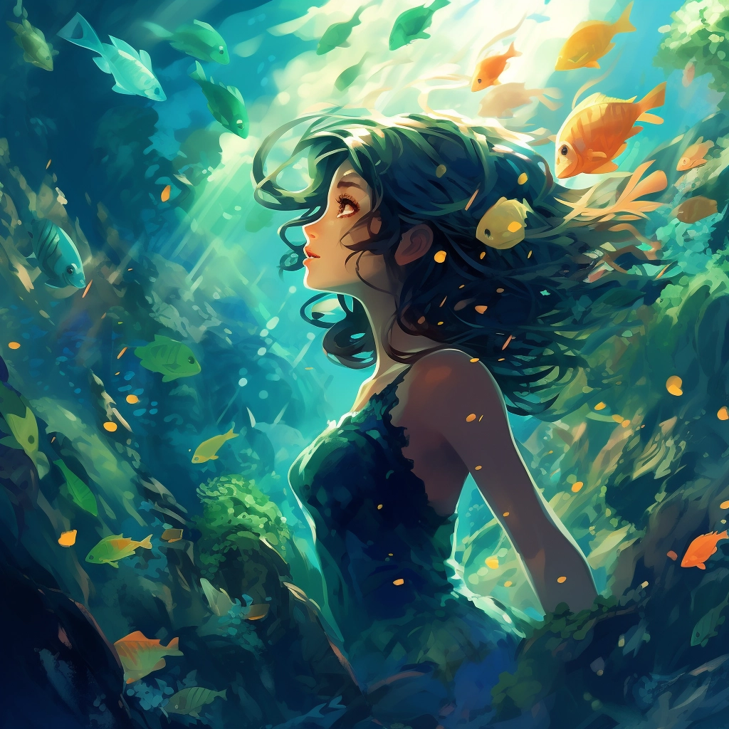 A beautiful illustration of an anime girl in a coral