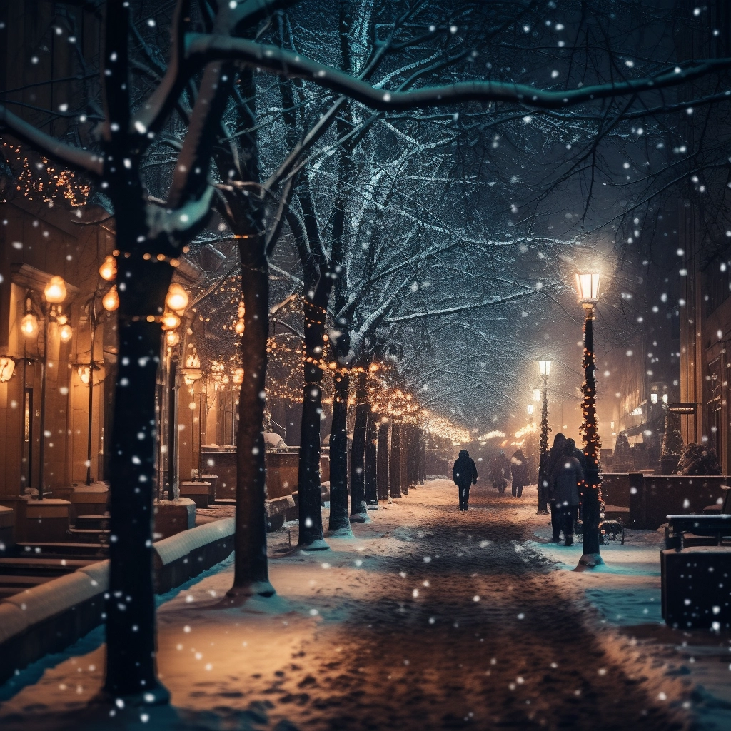 Sidewalk covered in white snow lights and trees with